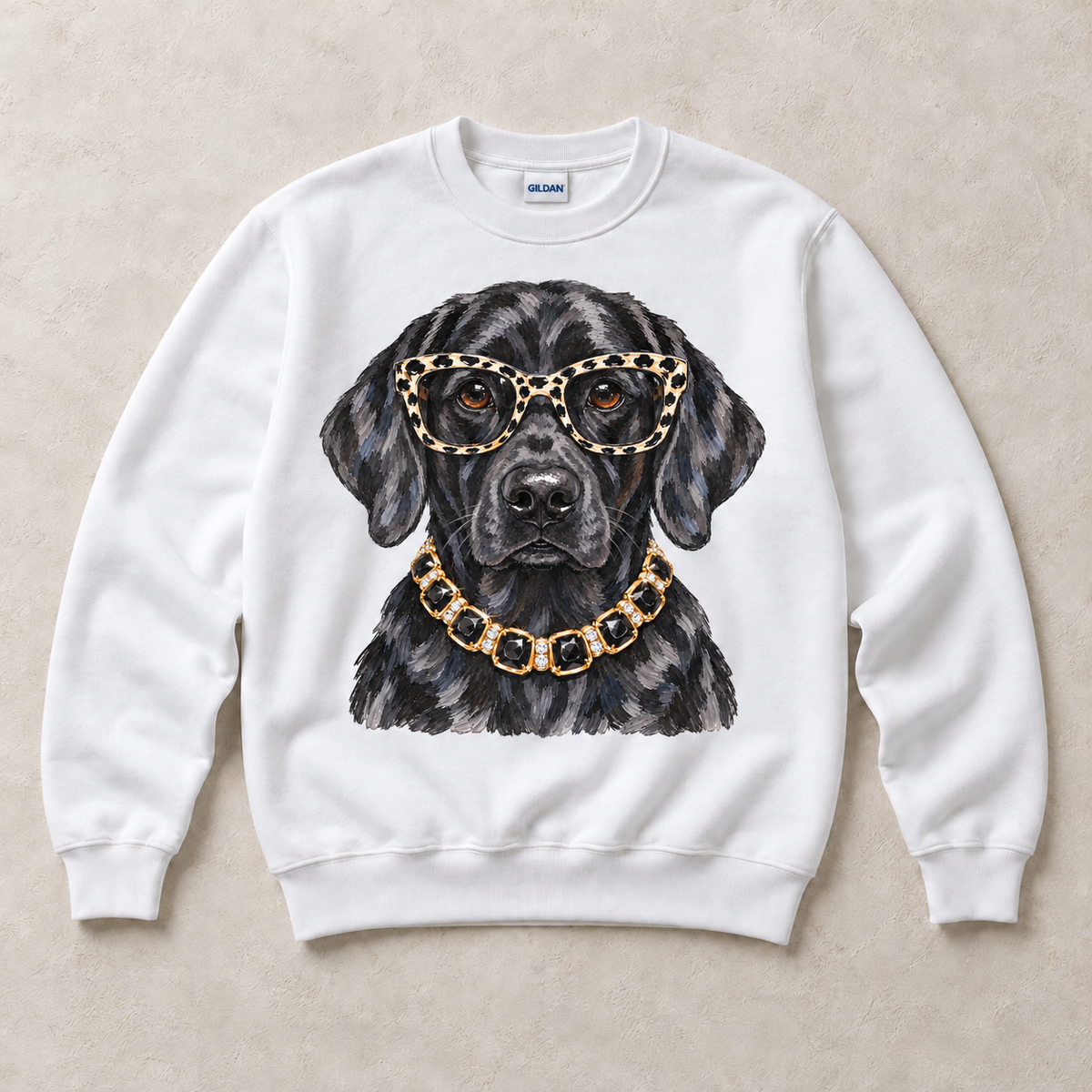 White Gildan crewneck sweatshirt with Black Labrador Leopard Glasses graphic, front flat lay