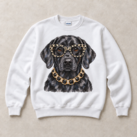 White Gildan crewneck sweatshirt with Black Labrador Leopard Glasses graphic, front flat lay