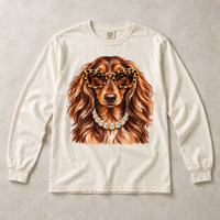 Ivory Comfort Colors long-sleeve T-shirt with Dachshund Leopard Glasses graphic, front flat lay