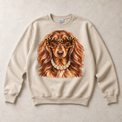 Sand Gildan crewneck sweatshirt with Dachshund Leopard Glasses graphic, front flat lay
