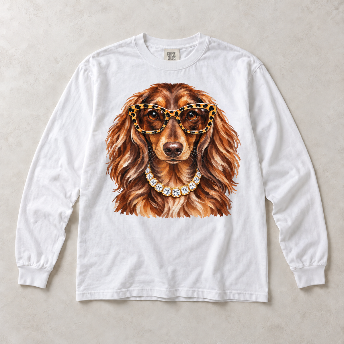White Comfort Colors long-sleeve T-shirt with Dachshund Leopard Glasses graphic, front flat lay