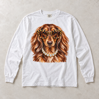 White Comfort Colors long-sleeve T-shirt with Dachshund Leopard Glasses graphic, front flat lay