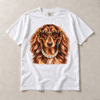 White Comfort Colors short-sleeve T-shirt with Dachshund Leopard Glasses graphic, front flat lay