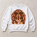 White Gildan crewneck sweatshirt with Dachshund Leopard Glasses graphic, front flat lay