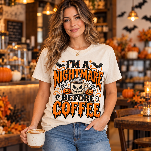 Woman wearing a natural I'm a Nightmare Before Coffee shirt in a Halloween decorated coffee shop