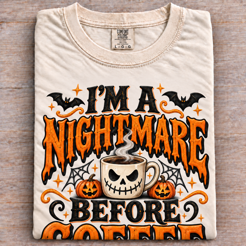 I'm a Nightmare Before Coffee Halloween shirt in natural with oversized orange and black print