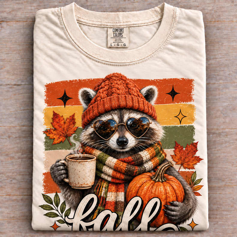 Natural Comfort Colors fall raccoon shirt with pumpkin and coffee graphic folded on wood
