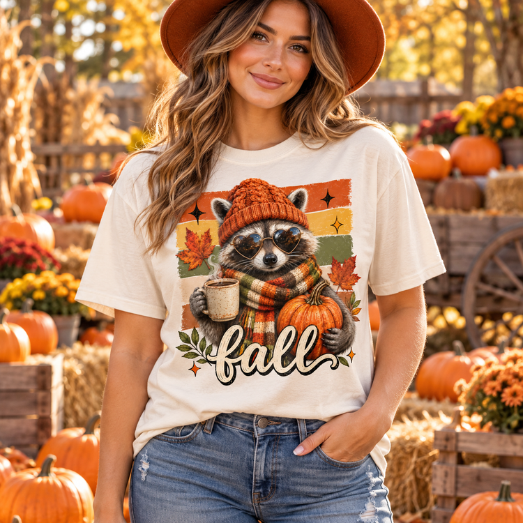 Woman wearing a natural Comfort Colors fall raccoon graphic tee at a pumpkin patch