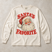 Ivory Comfort Colors long-sleeve T-shirt with Santa's Favorite Vintage Christmas graphic, front flat lay