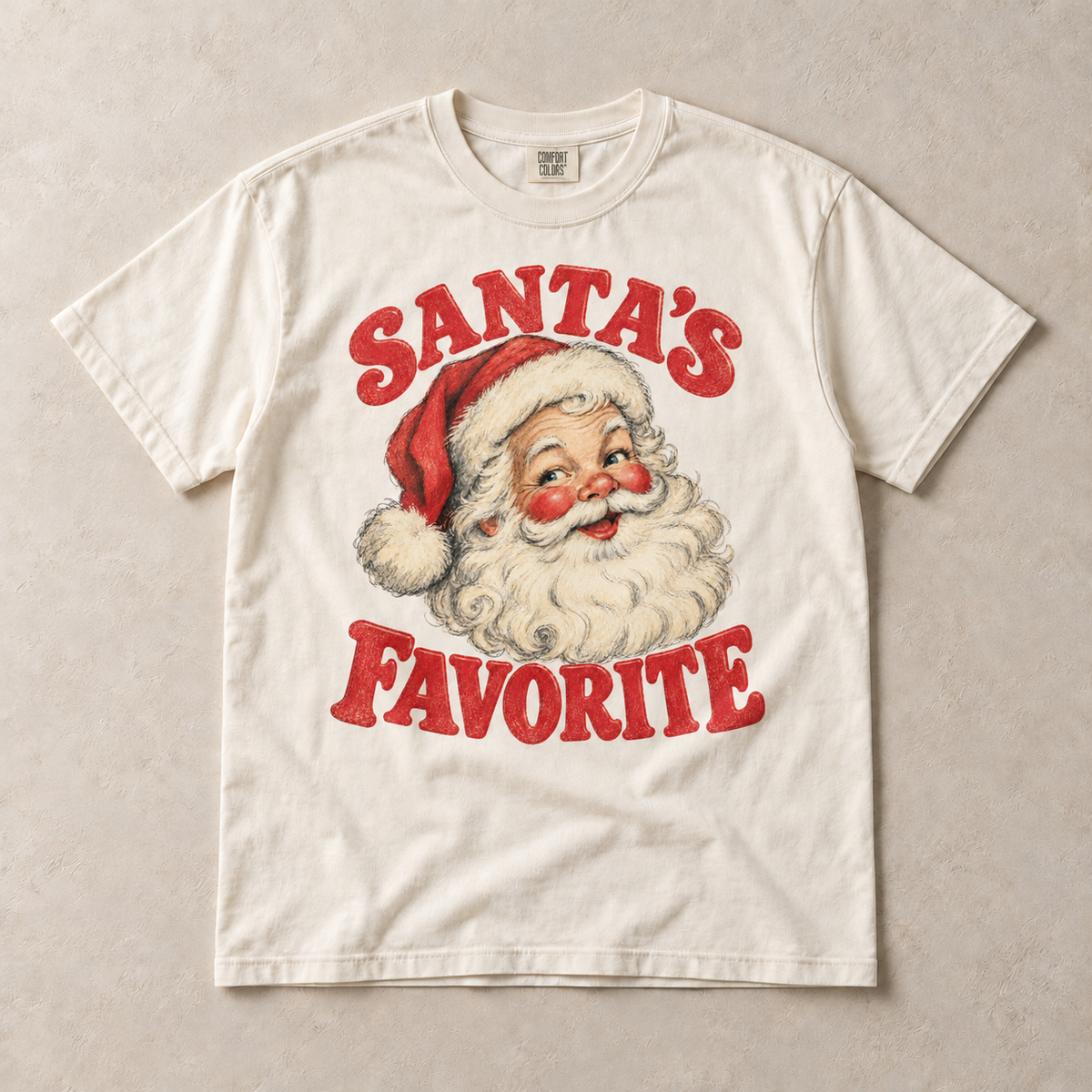 Ivory Comfort Colors short-sleeve T-shirt with Santa's Favorite Vintage Christmas graphic, front flat lay