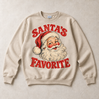 Sand Gildan crewneck sweatshirt with Santa's Favorite Vintage Christmas graphic, front flat lay