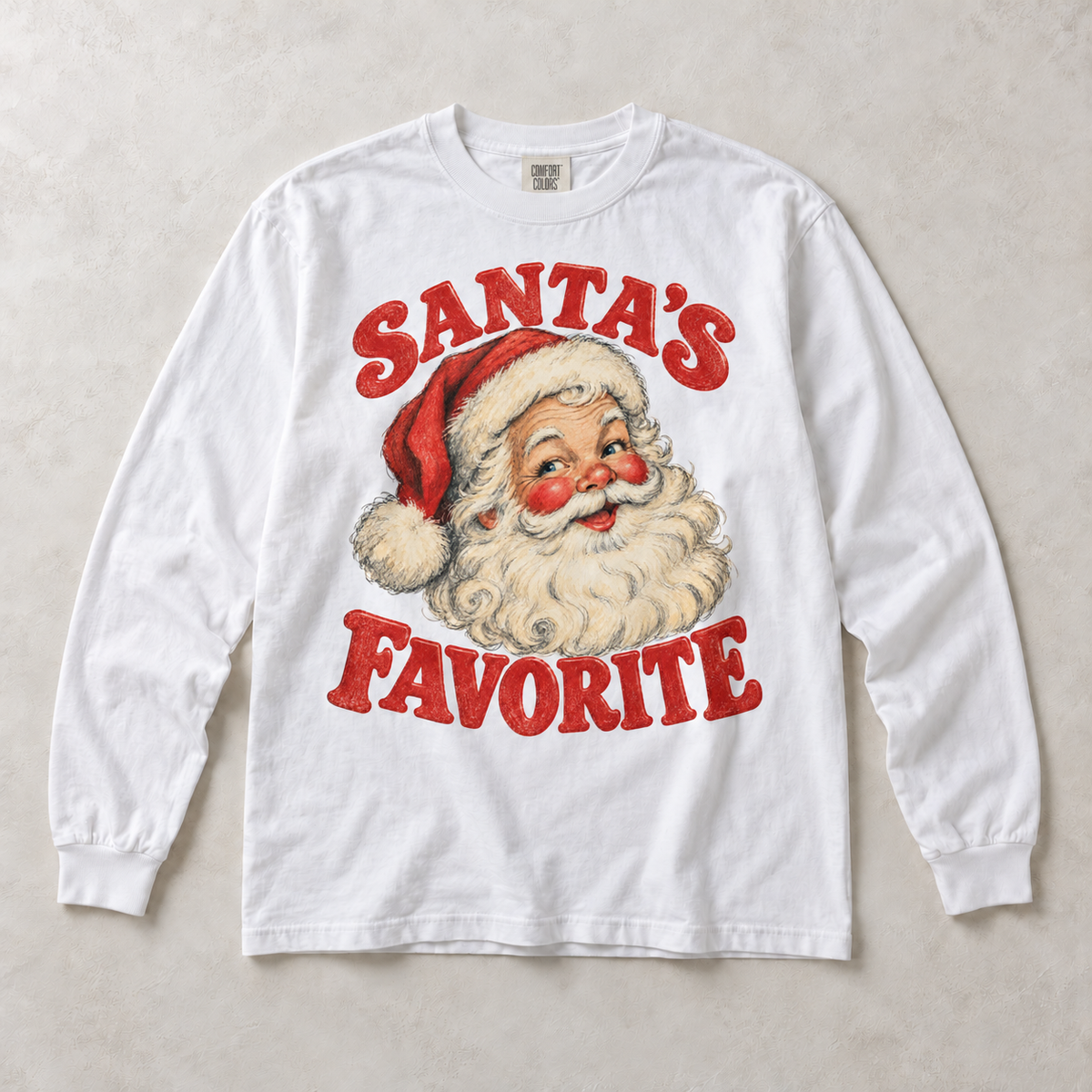 White Comfort Colors long-sleeve T-shirt with Santa's Favorite Vintage Christmas graphic, front flat lay