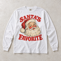 White Comfort Colors long-sleeve T-shirt with Santa's Favorite Vintage Christmas graphic, front flat lay
