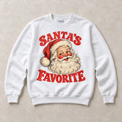 White Gildan crewneck sweatshirt with Santa's Favorite Vintage Christmas graphic, front flat lay
