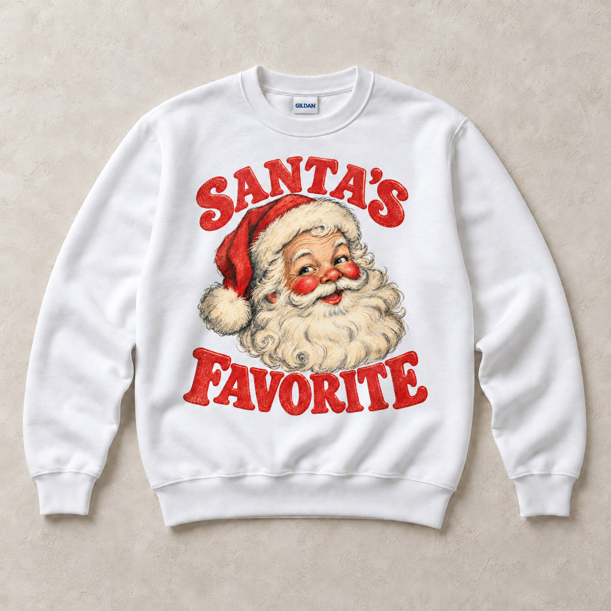 White Gildan crewneck sweatshirt with Santa's Favorite Vintage Christmas graphic, front flat lay