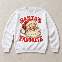 White Gildan crewneck sweatshirt with Santa's Favorite Vintage Christmas graphic, front flat lay