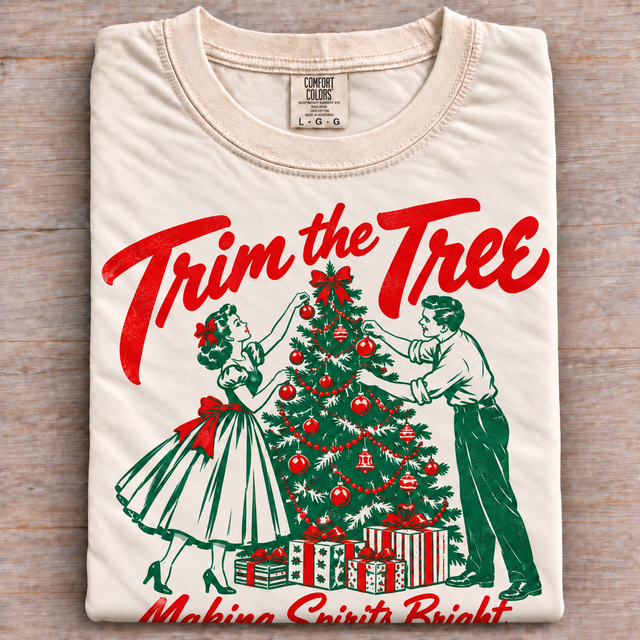 Natural Comfort Colors Trim the Tree vintage Christmas shirt folded on wood