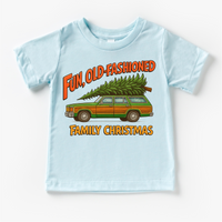 Fun Old Fashioned Family Christmas design on a blue garment.