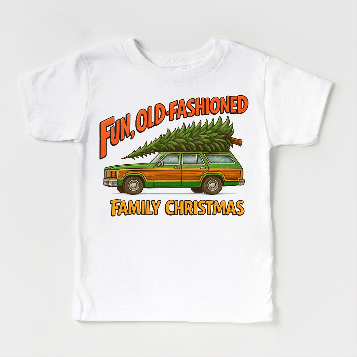 Fun Old Fashioned Family Christmas design on a white garment.