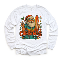 Christmas Vibes Surfing Santa design on a long sleeve shirt.