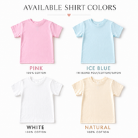 Kids T-shirt color options shown in pink, ice blue, white, and natural.
