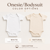 Baby bodysuit color options shown in white and natural.