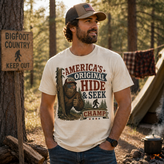 America’s Original Hide and Seek Champ Shirt | Funny Bigfoot Tee | Patriotic USA Graphic T-Shirt