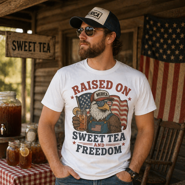 Raised On Sweet Tea and Freedom Graphic Tee | Patriotic Eagle Shirt | Southern Americana T-Shir