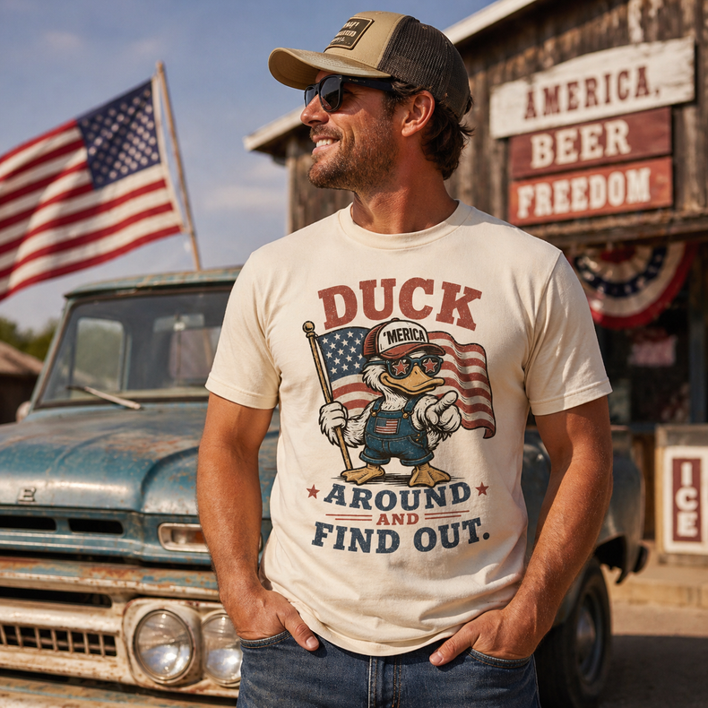 Duck Around and Find Out | Funny Patriotic Duck | American Flag graphic T-shirt by Madi Moosh