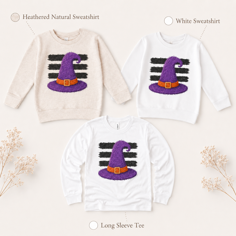 Kids Witch Hat Halloween Shirt, Purple Spooky Toddler Tee, Cute Fall Costume Graphic