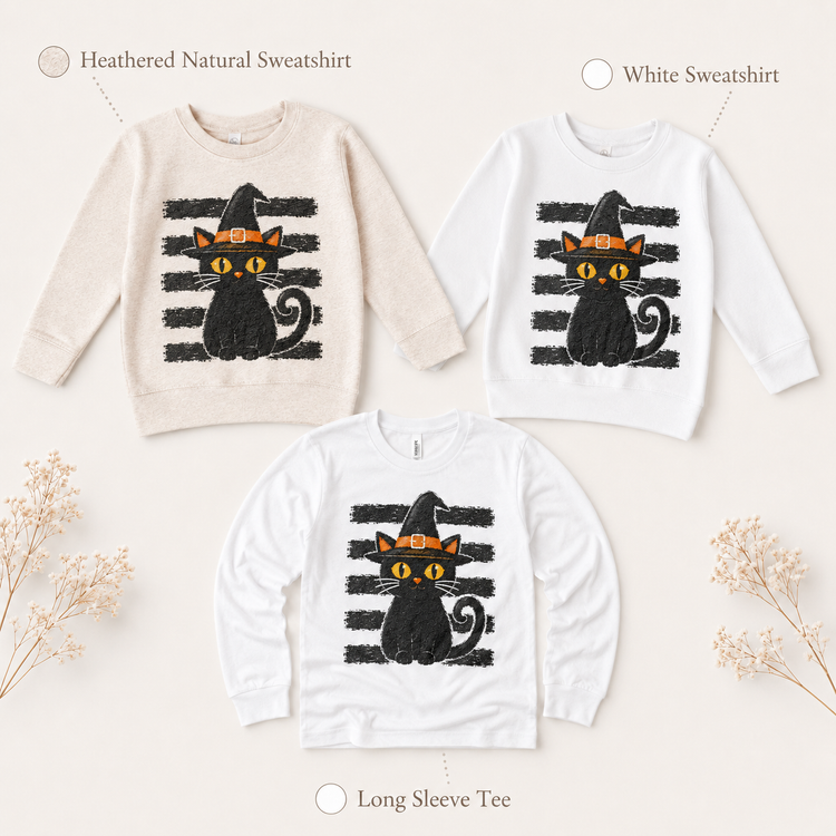 Kids Black Cat Halloween Shirt, Witch Hat Toddler Tee, Spooky Vintage Fall Graphic