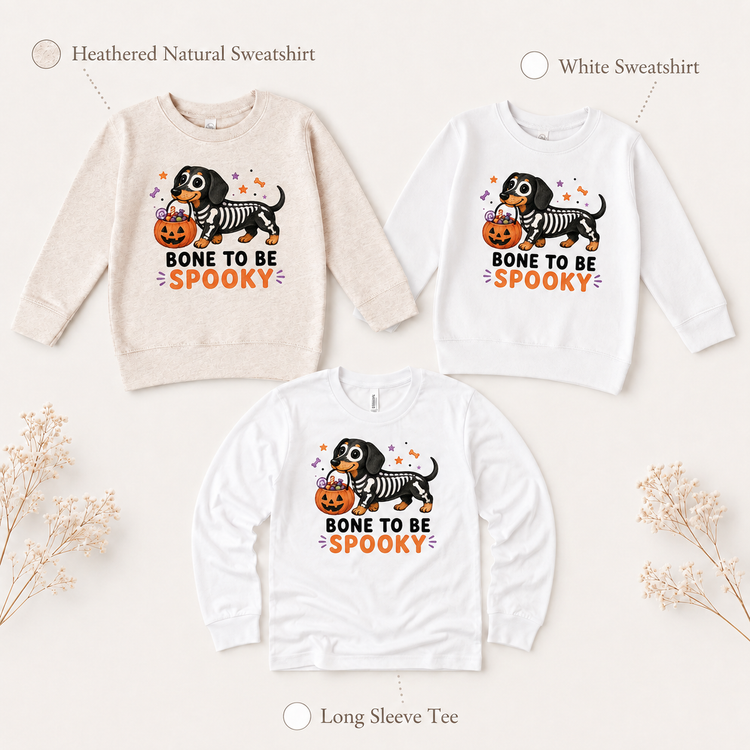 Halloween Dachshund Shirt, Bone to Be Spooky Kids Tee, Skeleton Wiener Dog Trick or Treat T-Shirt