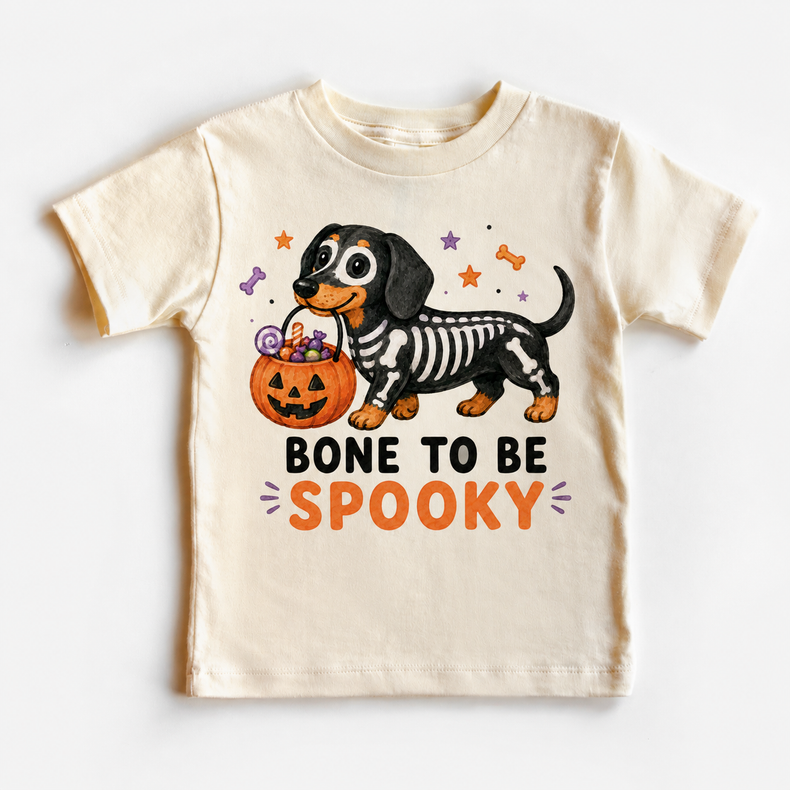 Halloween Dachshund Shirt, Bone to Be Spooky Kids Tee, Skeleton Wiener Dog Trick or Treat T-Shirt