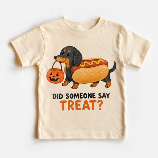Halloween Dachshund Hot Dog Kids – Did Someone Say Treat? graphic T-shirt by Madi Moosh