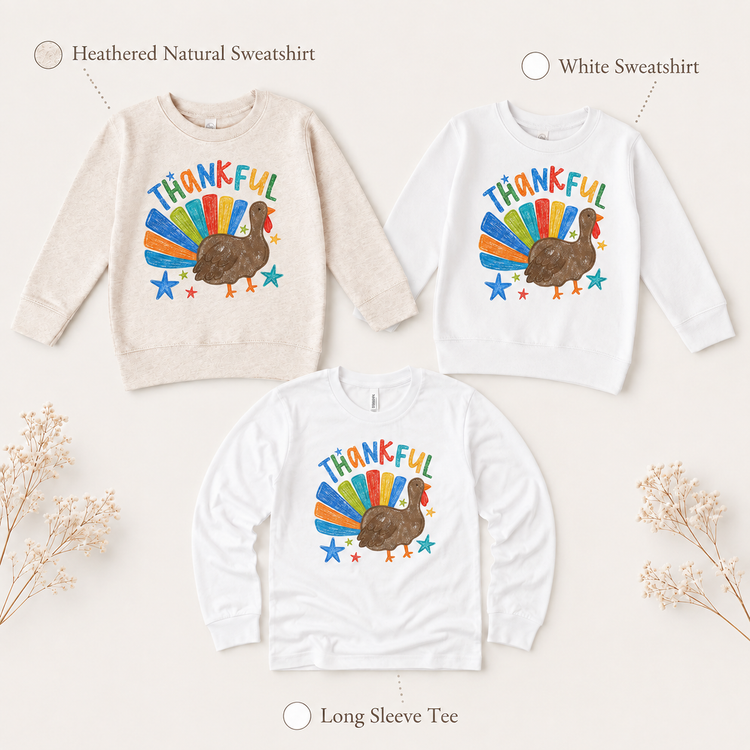 Thankful Turkey Kids Shirt, Thanksgiving Toddler Tee, Colorful Fall Turkey T-Shirt, Cute Thanksgiving