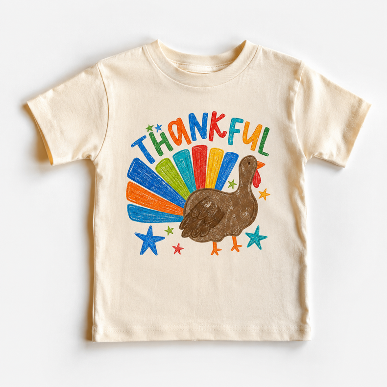 Thankful Turkey Kids Shirt, Thanksgiving Toddler Tee, Colorful Fall Turkey T-Shirt, Cute Thanksgiving