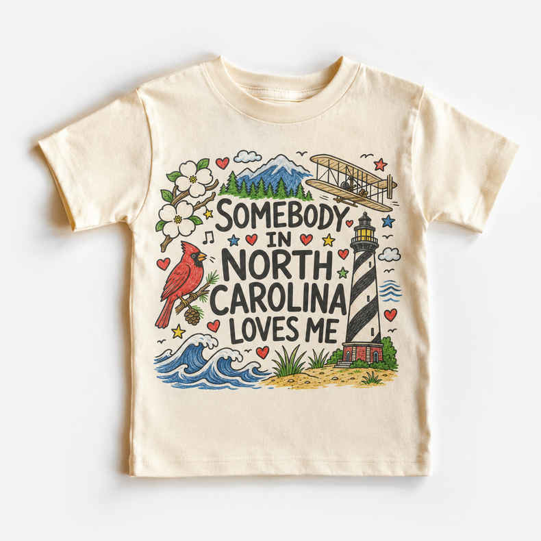 Somebody in North Carolina Loves Me Kids T-Shirt – North Carolina State Pride Graphic Tee
