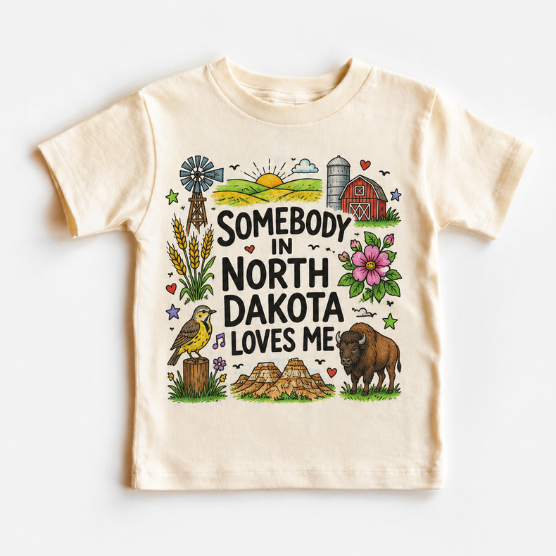Somebody in North Dakota Loves Me Kids T-Shirt – North Dakota State Pride Graphic Tee
