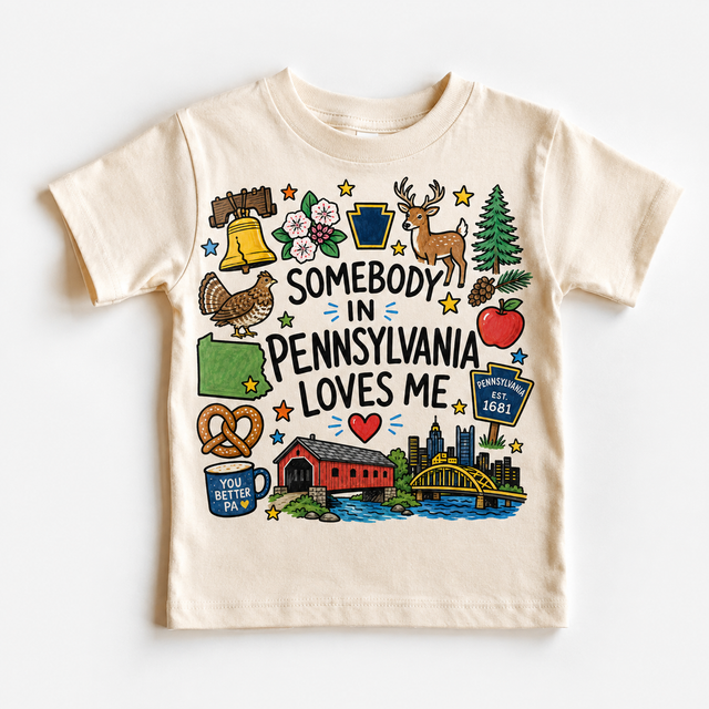 Somebody in Pennsylvania Loves Me Kids – Pennsylvania State Pride graphic T-shirt by Madi Moosh