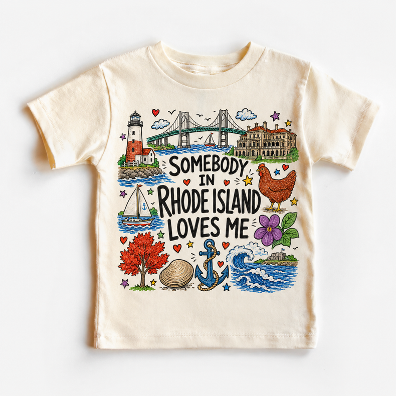 Somebody in Rhode Island Loves Me Kids T-Shirt – Rhode Island State Pride Graphic Tee