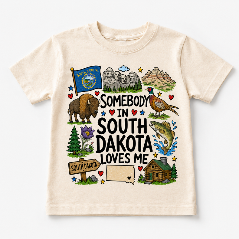 Somebody in South Dakota Loves Me Kids T-Shirt – South Dakota State Pride Graphic Tee