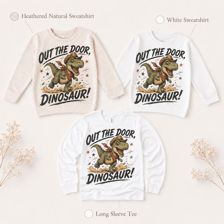Out the Door Dinosaur Shirt, Cowboy T-Rex Western Graphic Tee, Funny Rodeo T-Shirt