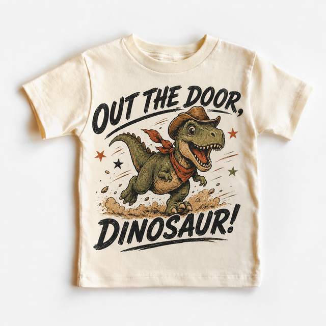 Out the Door Dinosaur, Cowboy T-Rex Western, Funny Rodeo graphic T-shirt by Madi Moosh