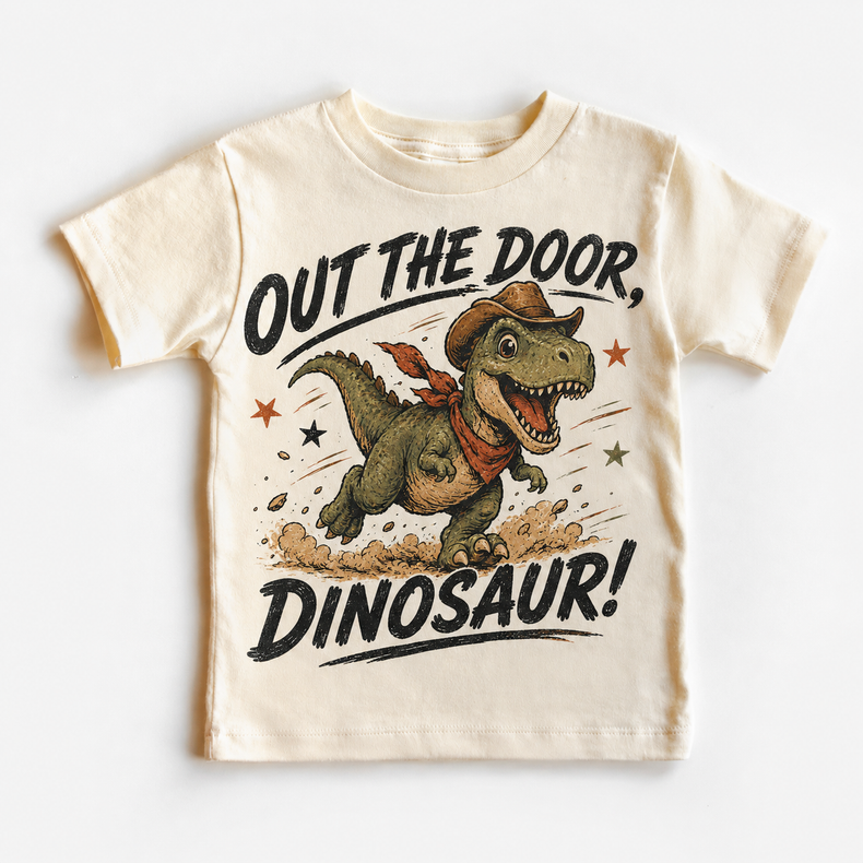 Out the Door Dinosaur Shirt, Cowboy T-Rex Western Graphic Tee, Funny Rodeo T-Shirt