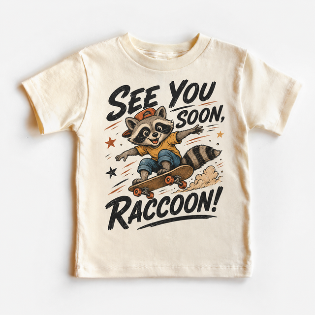 Raccoon Skateboard, See You Soon Raccoon, Funny Animal graphic T-shirt by Madi Moosh