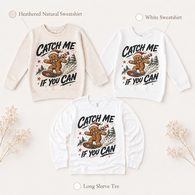 Gingerbread Snowboard Shirt, Catch Me If You Can Christmas Tee, Retro Holiday Graphic T-Shirt