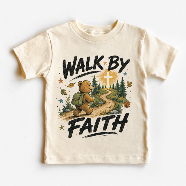 Walk By Faith Kids, Christian Bear Hiking, Outdoor Religious Toddler Gift graphic T-shirt by Madi Moosh