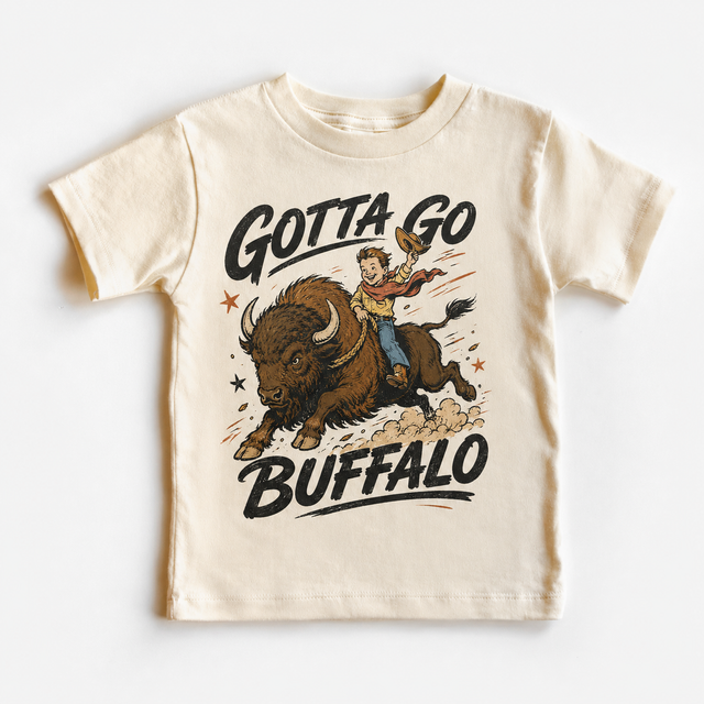 Gotta Go Buffalo, Funny Kids Western, Cowboy graphic T-shirt by Madi Moosh
