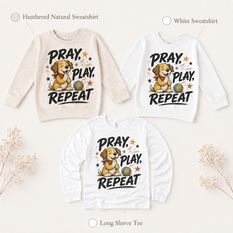 Pray Play Repeat Kids Shirt, Christian Puppy Tee, Faith Toddler T-Shirt Gift