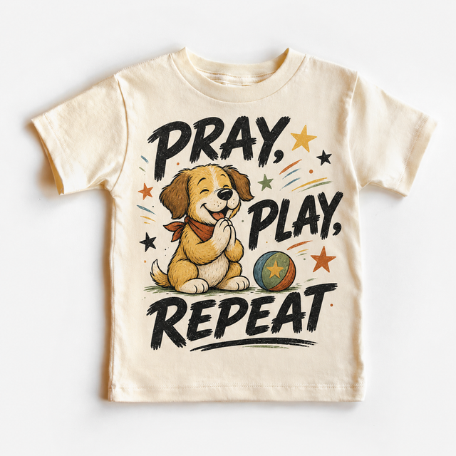 Pray Play Repeat Kids, Christian Puppy, Faith Toddler Gift graphic T-shirt by Madi Moosh